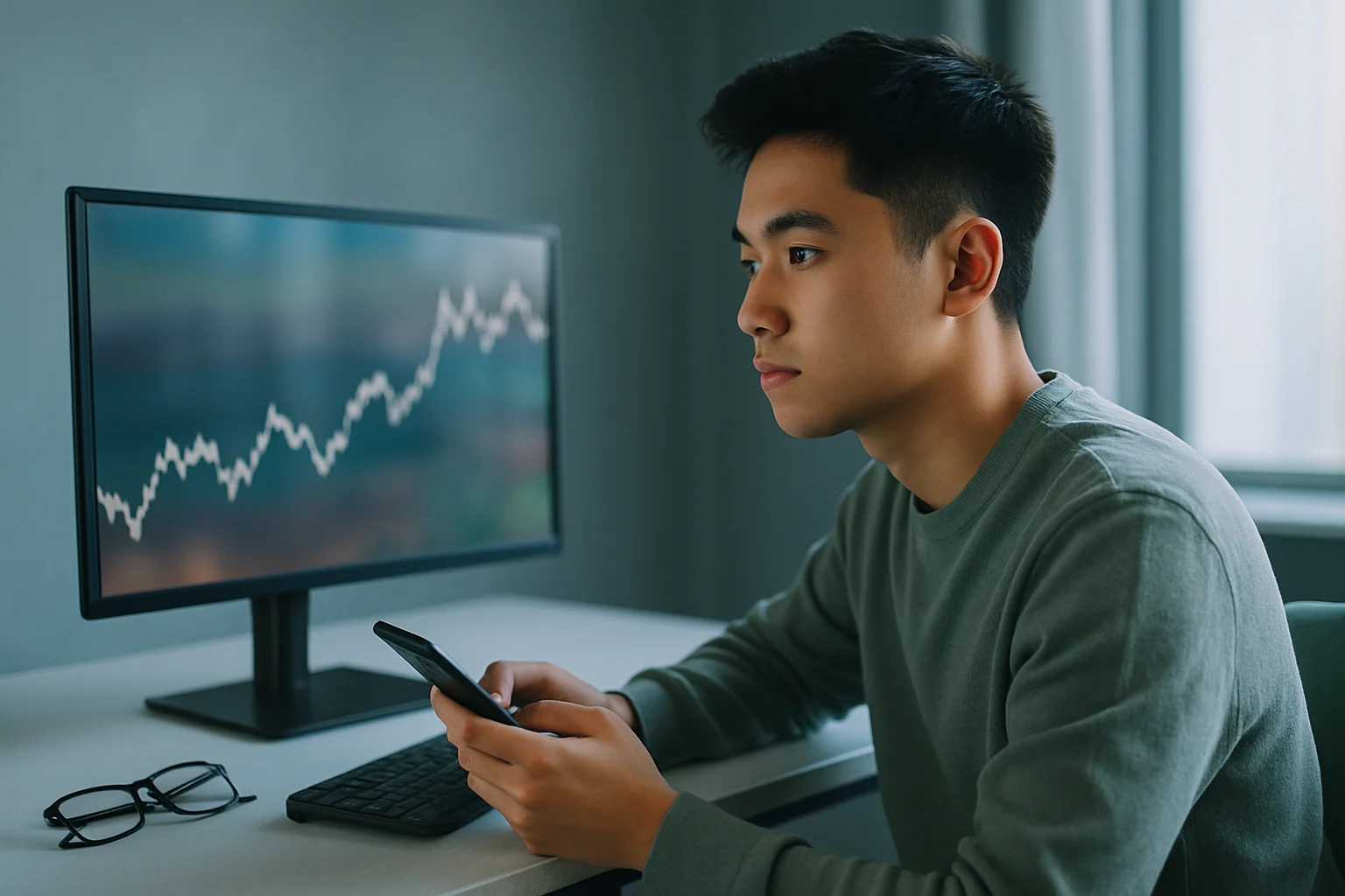Nhà đầu tư trẻ đang theo dõi biểu đồ chứng khoán trên điện thoại với biểu cảm tự tin