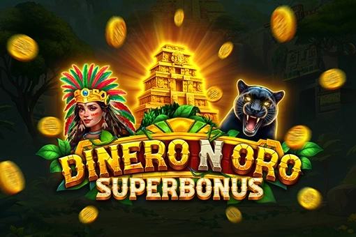 Promotional banner for the slot game 'Dinero N Oro Superbonus' with a tribal dancer, a snarling jaguar, gold coins, and a glowing temple in a jungle setting.