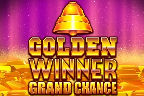 Promotional banner for 'Golden Winner Grand Chance' with a gold bell and stacked gold bars in a purple, glittery background.