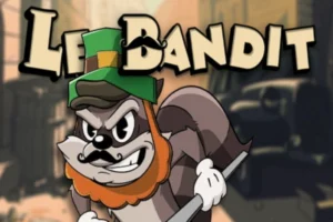 Cartoon raccoon bandit with a green hat and orange beard, gripping a baton in an alley, 'LE BANDIT' logo above.