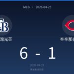 MLB final: Tampa Bay Rays 6, Cincinnati Reds 1 on 2026-04-23 (logos shown).