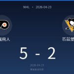 NHL game on 2026-04-23: Flyers 5, Penguins 2, team logos shown above the score in a dark blue gradient background.