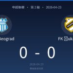 Match scoreboard: OFK Beograd 0, FK Vukarii 0 on 2026-04-23 with team crests above the scores.