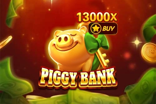 Game promo: smiling piggy bank with a green bow and gold key, bold 'PIGGY BANK' title, '13000X' and a Buy badge on a red background.