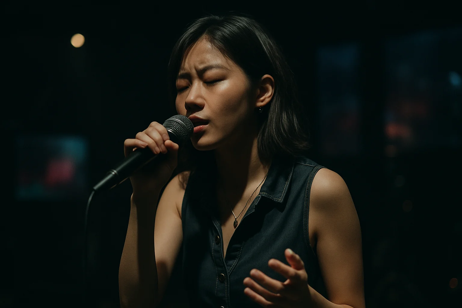 張秀卿台語女歌手演唱現場,身穿舞台服裝深情演唱