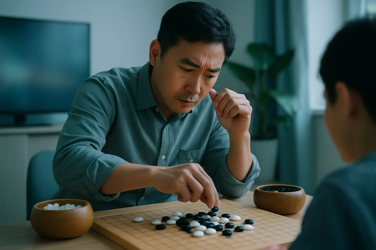 五子棋棋盤上黑棋形成4x3交叉攻擊的棋形示意圖