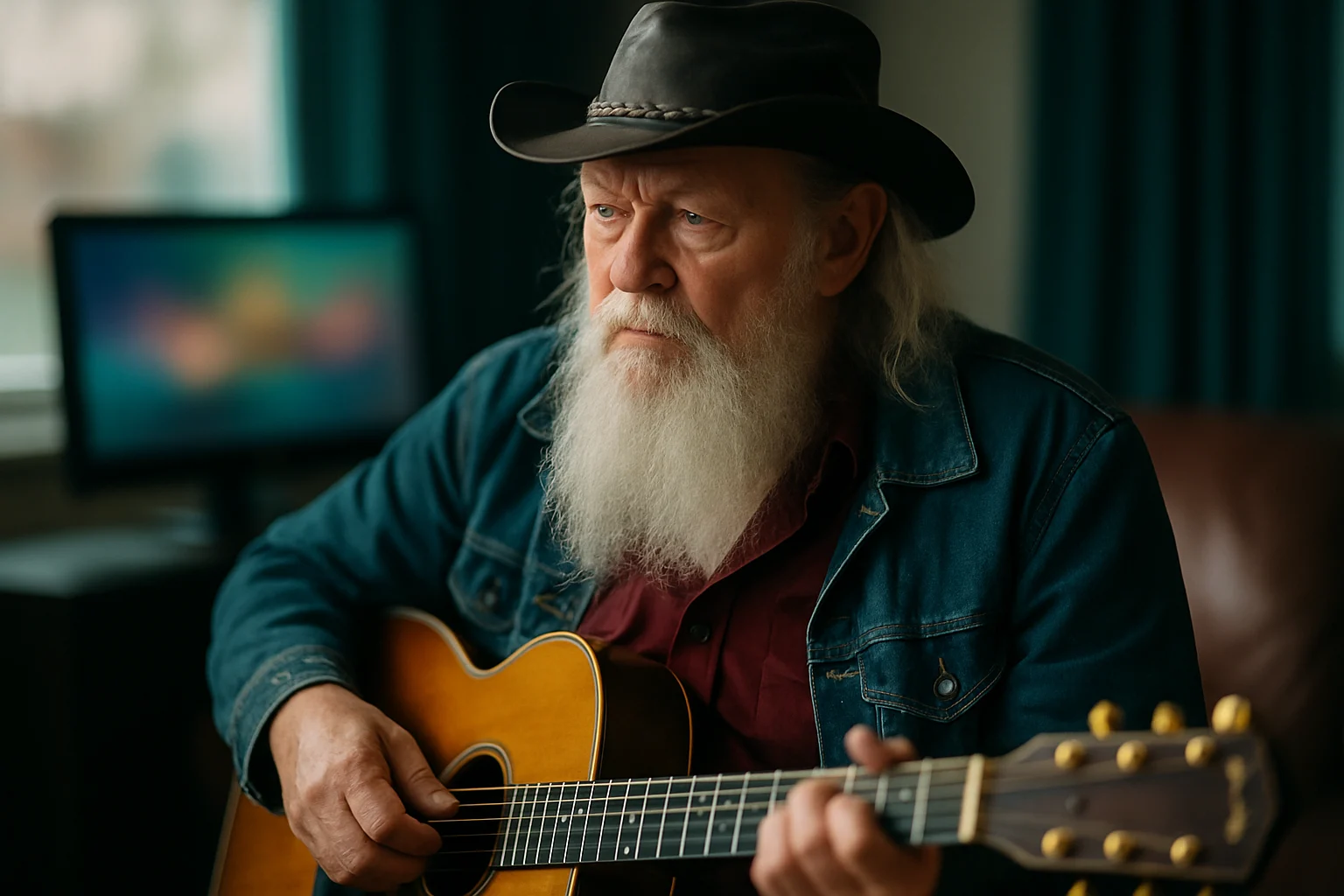 An older David Allan Coe, with a long white beard and a cowboy hat, holding a guitar and performing on stage with a focused expression.