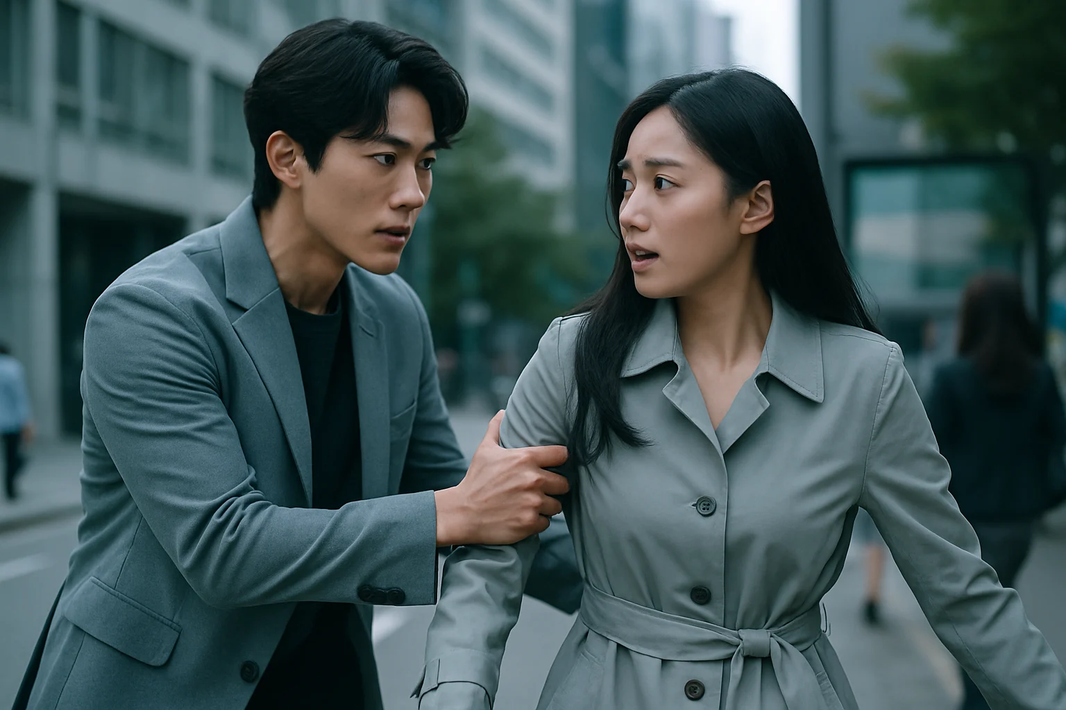 《Girigo:奪命許願》五位主要演員全昭映、康美娜、白宣號、玄祐碩、李孝濟劇照,背景是陰森的校園,展現緊張懸疑氛圍。