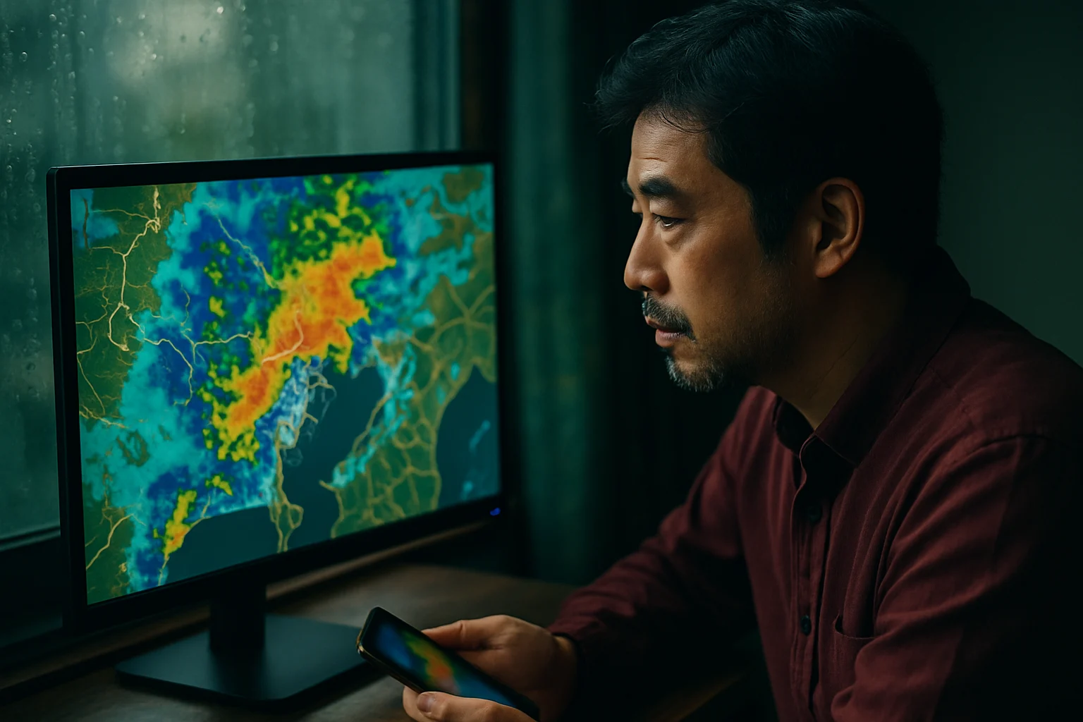 東京都の雨雲レーダー画面。リアルタイムで雨雲の動きを表示している気象サービスのスクリーンショット